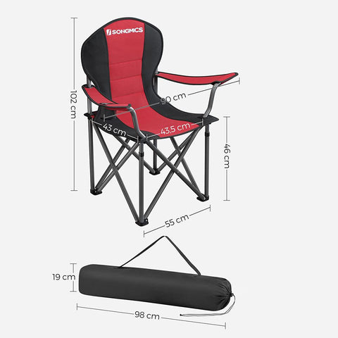 Rootz Camping Chair - Padded Camping Chair - Folding Camping Chair - Portable Camping Chair - Heavy Duty Camping Chair - Iron Frame - 600d Oxford Cloth - Foam Padding - Black-Red - 90 x 55 x 102 cm (L x W x H)