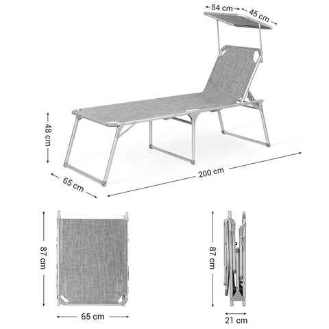 Rootz Sun Lounger - Outdoor Sun Lounger - Patio Sun Lounger - Garden Sun Lounger - Sunbed - Beach Sun Lounger - Portable Sun Lounger - Grijs - 65 x 200 x 48 cm (L x B x H)
