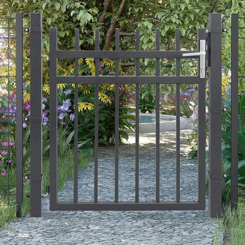 Rootz Gartentor – Gartentor aus Metall – kleines Gartentor – Gartentor mit Schloss – Grau – 106 x 150 cm
