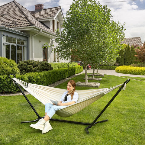 Rootz Hammock Stand - Hammock With Stand - Height Adjustable Hammock - Hammock Swing - Black Frame/Beige Hammock - 300 x 90 x 95 cm