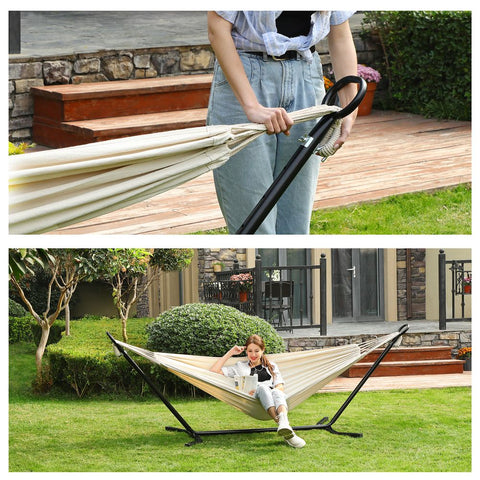 Rootz Hammock Stand - Hammock With Stand - Height Adjustable Hammock - Hammock Swing - Black Frame/Beige Hammock - 300 x 90 x 95 cm