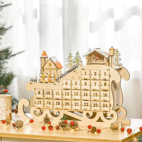 Rootz Kerstadventskalender - Kerstkalender met LED-verlichting - Met 24 ladevakken - Kerstdecoratie - DIY Multiplex Board - Natuurlijk Hout - 45 x 10 x 31 cm