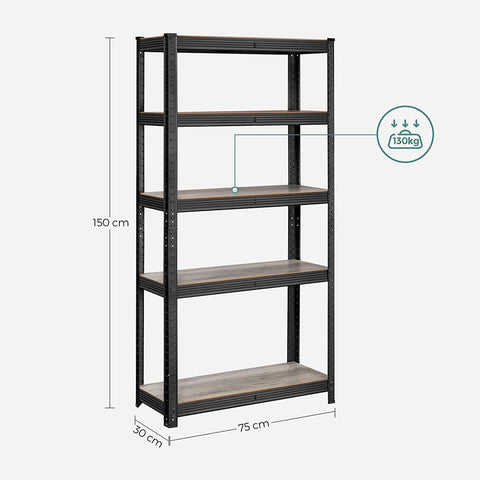 Rootz Storage Rack - Storage Shelves - Heavy-Duty Shelving - 5 Levels Storage Rack - Metal Storage Shelves - Zwart - 150 x 75 x 30 cm