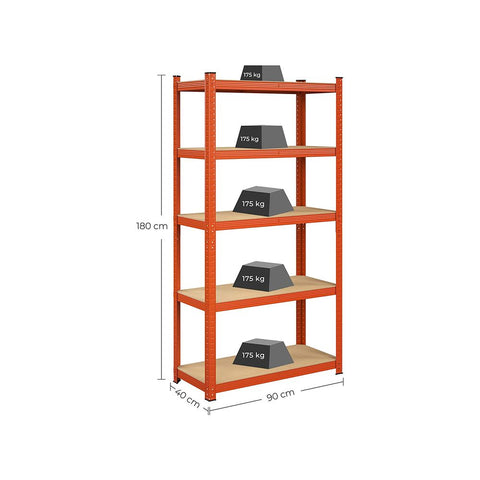 Rootz Storage Rack - With 5 Adjustable Shelves - Multi-tiered Shelving Unit - Space-saving Storage Shelf - Industrial Style Shelving - Heavy-duty - Steel - E1 Class MDF - Orange - 180 x 90 x 40 cm (H x L x W)