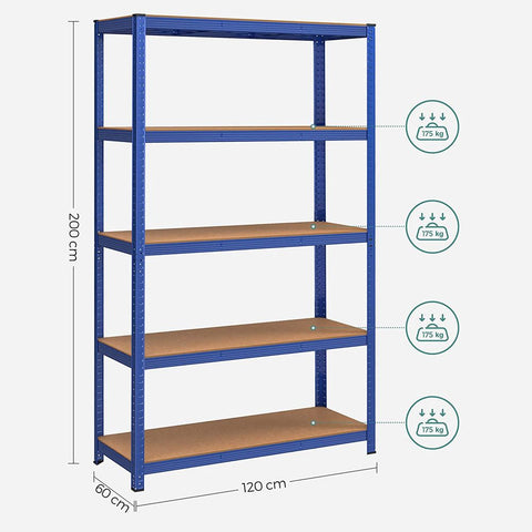 Rootz Lagerregal – Lagerregale – Schwerlastregal – Lagerregal mit 5 Ebenen – verstellbare Regale – Lagerregale aus Metall – bis zu 875 kg Stahl/MDF – blau – 200 x 120 x 60 cm