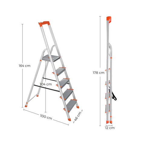 Rootz-Leiter – Haushaltsleiter – Aluminiumleiter – Haushaltsleiter mit 6 Stufen – tragbare Leiter – leichte Leiter – Aluminium/Kunststoff – Grau/Orange – 46 x 12 x 178 cm