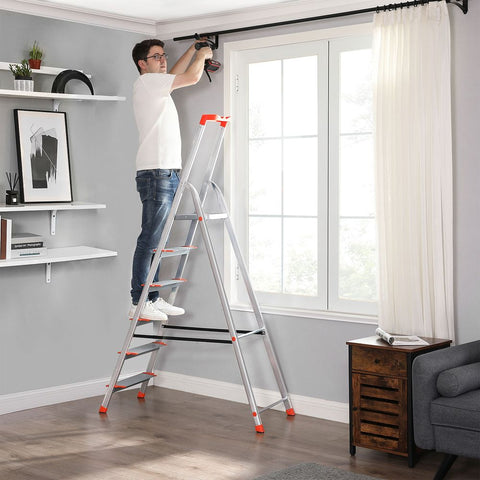 Rootz-Leiter – Haushaltsleiter – Aluminiumleiter – Haushaltsleiter mit 6 Stufen – tragbare Leiter – leichte Leiter – Aluminium/Kunststoff – Grau/Orange – 48,5 x 12 x 202 cm