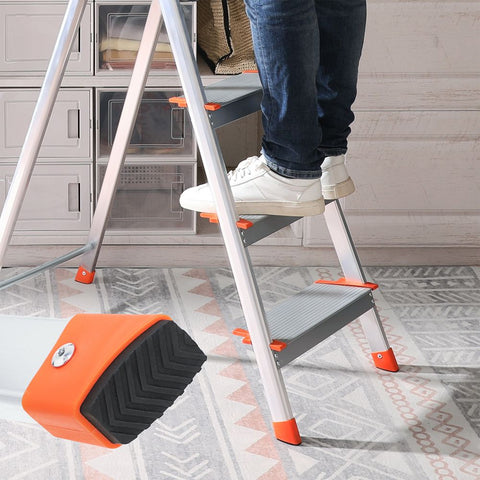Rootz-Leiter – Haushaltsleiter – Aluminiumleiter – Haushaltsleiter mit 6 Stufen – tragbare Leiter – leichte Leiter – Aluminium/Kunststoff – Grau/Orange – 48,5 x 12 x 202 cm