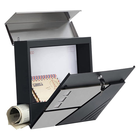 Rootz Briefkasten - Wandbriefkasten - Wandbriefkasten - Pfostenmontierter Briefkasten - Briefkasten für Briefe - Mit Sichtfenster - Silber Anthrazit - 37 x 10,5 x 37 cm