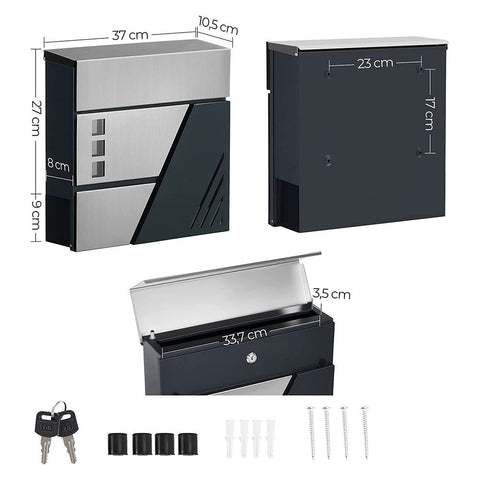 Rootz Briefkasten - Wandbriefkasten - Wandbriefkasten - Pfostenmontierter Briefkasten - Briefkasten für Briefe - Mit Sichtfenster - Silber Anthrazit - 37 x 10,5 x 37 cm