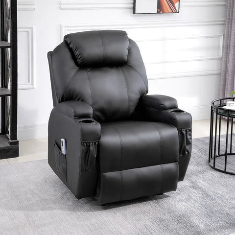 Rootz Massagesessel – Elektrischer Entspannungssessel – Fernsehsessel – Massagefunktion – Liegefunktion – Kunstleder – Holz – Metall – Schaumstoff – Schwarz – 82 x 97 x 110 cm