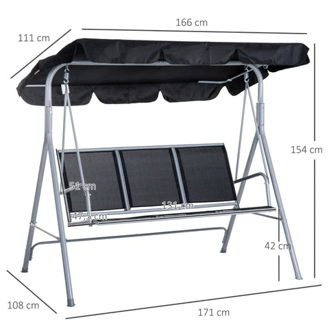 Rootz 3-seater Swing Chair - Garden Swing Bench With Roof - Hollywood Swing - Metal - Polyester - Loop Cloth - Black + Silver - 171 x 108 x 154 cm