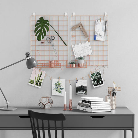 Rootz Grid Photo Wall - Grid Plate - Set Of 2 Grid Photo Wall - Photo Display Grid - Grid Photo Collage - Wall-Mounted Grid Photo Display - Diy Grid Photo Wall - Grid Panel Photo Wall - Rose Gold - 42 x 31 cm