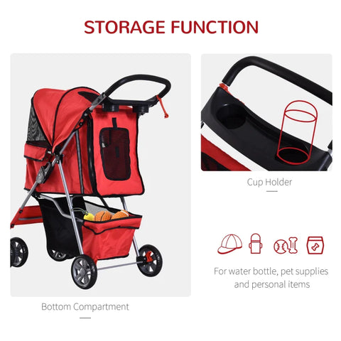 Rootz Dog Stroller - Pet Stroller - Dog Buggy - Dog Stroller For Travel - Foldable Pet Stroller - Dog Travel Buggy - Compact Pet Carriage - Red - 75L x 45W x 97H cm