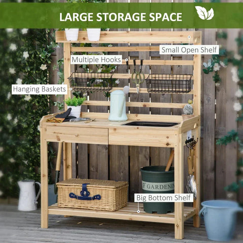 Rootz Planting Table - Gardening Table with Wash Basin - Wooden Flower Table with Drawer - Hook - Basket - Shelf - Garden - Terrace - Natural - 107.5 x 46 x 142 cm