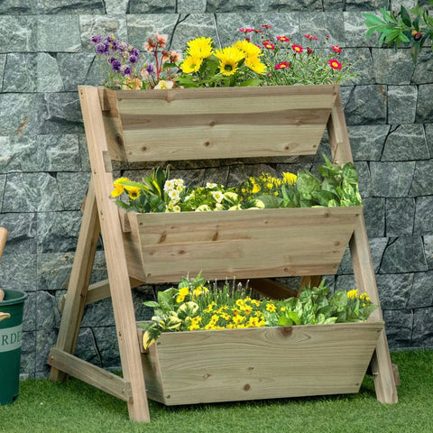 Rootz Garden Bed - Raised Bed - Flower Ladder - Wooden Flower Ladder - 3 Shelves Plant Ladder - Plant Stand - Flower Shelf - 71 x 61 x 77 cm