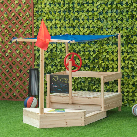 Rootz Sandbox - Large Sandbox with Cover - Ship Design - Wooden Mud Box - Bench - Flagpole - Sailing Ship Playhouse for Children - Natural - 180 x 91.5 x 144 cm