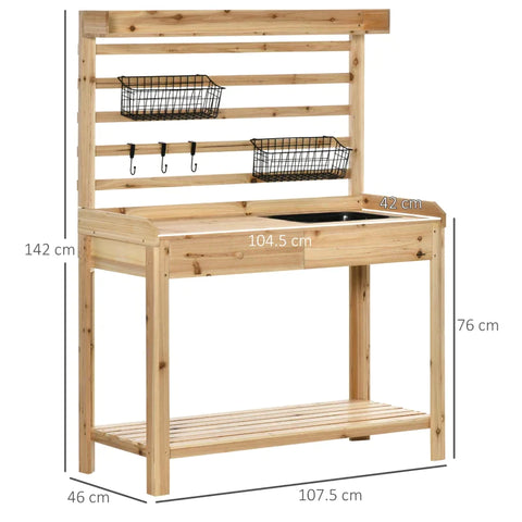 Rootz Planting Table - Gardening Table with Wash Basin - Wooden Flower Table with Drawer - Hook - Basket - Shelf - Garden - Terrace - Natural - 107.5 x 46 x 142 cm
