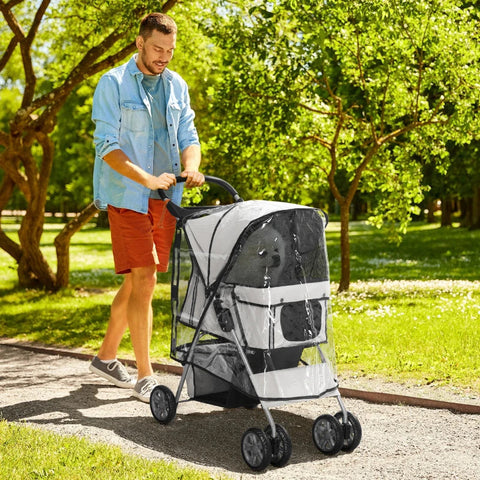 Rootz Foldable Pet Buggy - Dog Buggy - with 1 Basket - 2 Cup Holders - Gray - 75cm x 45cm x 97cm