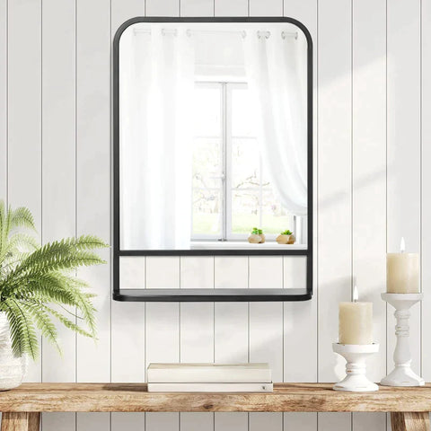 Rootz Wall Mirror - Modern Square Wall Mirror with Storage Shelf - Metal Frame - Rounded Edges - Black + Silver - 70cm x 10.2cm x 50cm