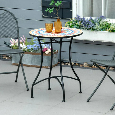 Rootz Gartentisch – Mosaiktisch – Runder Bistrotisch – Beistelltisch mit Mosaikplatte aus Keramik – Metall – Rot + Blau + Weiß – Ø60 cm