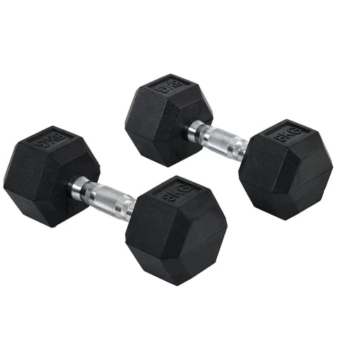 Rootz 2 x 8 KG Hexagonal Dumbbells - Rubber Dumbbell - Knurled Handle - Sports Hex Weights Sets - Weight Lifting Exercise - Home - Gym - Black