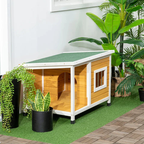 Rootz Dog House with Porch - Opening Roof - Window - Adjustable Feet - Natural Wood - Orange - 85.5 x 62 x 60 cm