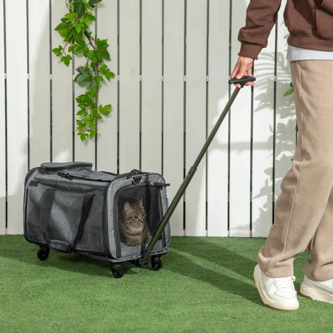 Rootz 3 In 1 Pet Trolley - Pet Transport Bag - Pet Car - Telescopic Handle - 2 Pockets - Grey + Black - 50L x 31W x 37H cm