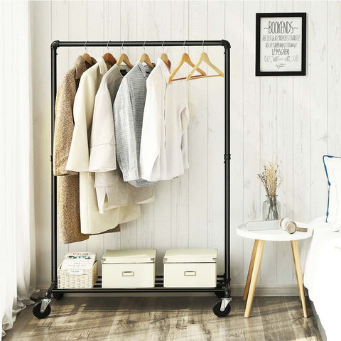 Rootz Kledingrek - Robuust Kledingrek - Industriële Stijl - Draagbare Kledingstandaard - Vrijstaande Kledingorganizer - Mobiele Kledingopberger - Gepoedercoate Ijzeren Pijpen - Zwart - 100 x 163 x 49 cm (B x H x D)