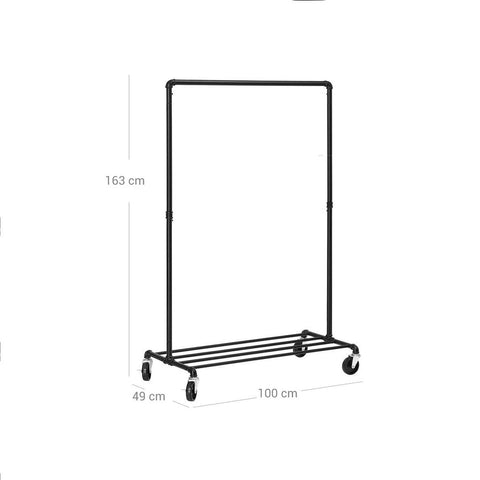 Rootz Kledingrek - Robuust Kledingrek - Industriële Stijl - Draagbare Kledingstandaard - Vrijstaande Kledingorganizer - Mobiele Kledingopberger - Gepoedercoate Ijzeren Pijpen - Zwart - 100 x 163 x 49 cm (B x H x D)