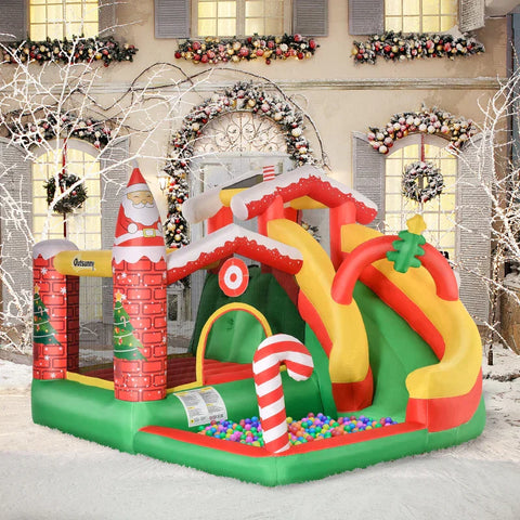 Rootz Hüpfburg – Weihnachts-aufblasbare Hüpfburg mit Rutsche, Bällebad für 3 Kinder – Hüpfburg mit Gebläse für 3–8 Jahre – Indoor-Kindergarten – Oxford-Stoff – Polyester – Rot + Grün + Weiß – 290 x 280 x 220 cm