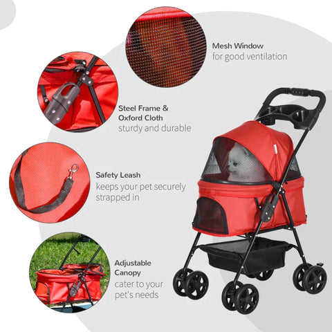 Rootz Pet Stroller - Foldable Cat Dog Pushchair - Pet Travel Carriage with 4 Wheels - Adjustable Canopy - Safety Leashes - Storage Basket and Cup Holder for Small Dogs - Red - 67 x 45 x 96 cm