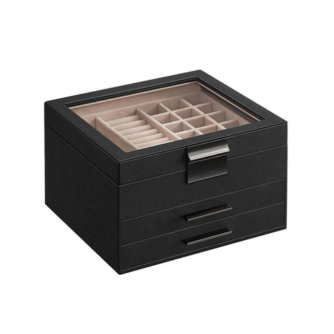 Rootz Sieradendoos - Met Glazen Deksel - Zwart Glazen Oppervlak - Glazen Top Sieradendoos - Vitrine Voor Sieraden - Sieraden Organizer - MDF - Fluweel - Glas - Zwart - 23,1 x 20,3 x 13,5 cm (L x B x H)
