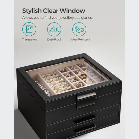 Rootz Sieradendoos - Met Glazen Deksel - Zwart Glazen Oppervlak - Glazen Top Sieradendoos - Vitrine Voor Sieraden - Sieraden Organizer - MDF - Fluweel - Glas - Zwart - 23,1 x 20,3 x 13,5 cm (L x B x H)