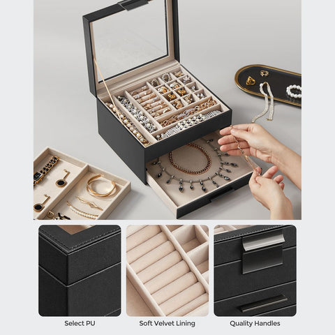 Rootz Sieradendoos - Met Glazen Deksel - Zwart Glazen Oppervlak - Glazen Top Sieradendoos - Vitrine Voor Sieraden - Sieraden Organizer - MDF - Fluweel - Glas - Zwart - 23,1 x 20,3 x 13,5 cm (L x B x H)
