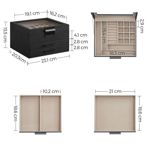 Rootz Sieradendoos - Met Glazen Deksel - Zwart Glazen Oppervlak - Glazen Top Sieradendoos - Vitrine Voor Sieraden - Sieraden Organizer - MDF - Fluweel - Glas - Zwart - 23,1 x 20,3 x 13,5 cm (L x B x H)