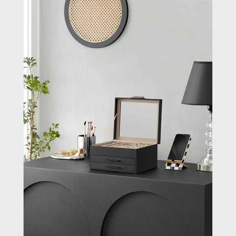 Rootz Sieradendoos - Met Glazen Deksel - Zwart Glazen Oppervlak - Glazen Top Sieradendoos - Vitrine Voor Sieraden - Sieraden Organizer - MDF - Fluweel - Glas - Zwart - 23,1 x 20,3 x 13,5 cm (L x B x H)