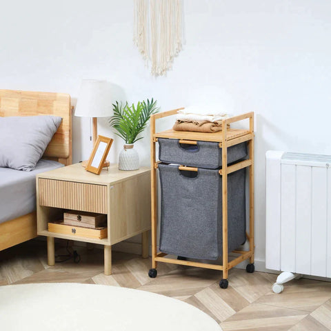 Rootz Laundry Basket - 1 Drawer - 1 Detachable Laundry Basket - 4 Wheels - Bamboo - Natural + Grey - 42cm x 35cm x 84.5cm