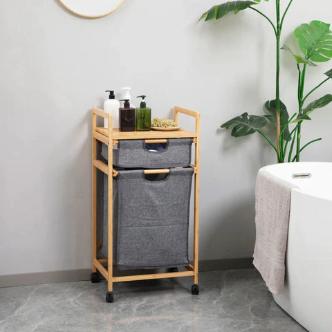 Rootz Laundry Basket - 1 Drawer - 1 Detachable Laundry Basket - 4 Wheels - Bamboo - Natural + Grey - 42cm x 35cm x 84.5cm