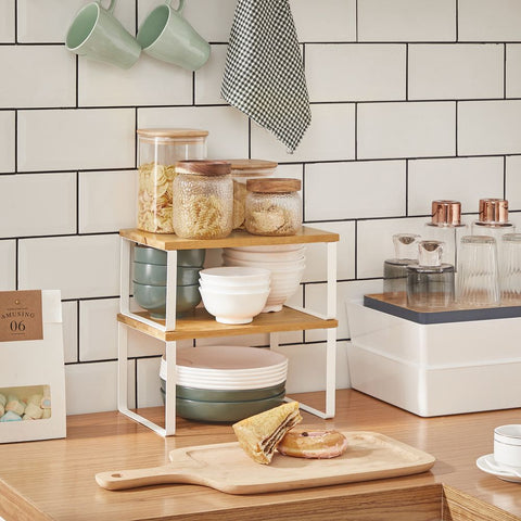 Rootz Spice Racks - Set Of 2 - Spice Organizers - Kitchen Wall Spice Shelves - Double Spice Rack - Metal And Bamboo - White-natural - 29.7 x 19.5 x 15.5 cm (L x W x H)