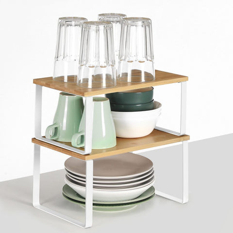 Rootz Spice Racks - Set Of 2 - Spice Organizers - Kitchen Wall Spice Shelves - Double Spice Rack - Metal And Bamboo - White-natural - 29.7 x 19.5 x 15.5 cm (L x W x H)