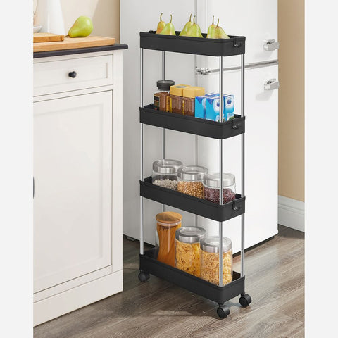 Rootz Trolley - Slim 4-tier Trolley - Rolling Trolley - Utility Trolley For Storage - Kitchen Trolley - Industrial Trolley - Polypropylene - Metal Tubes - Black - 40 x 13.5 x 86 cm (L x W x H)