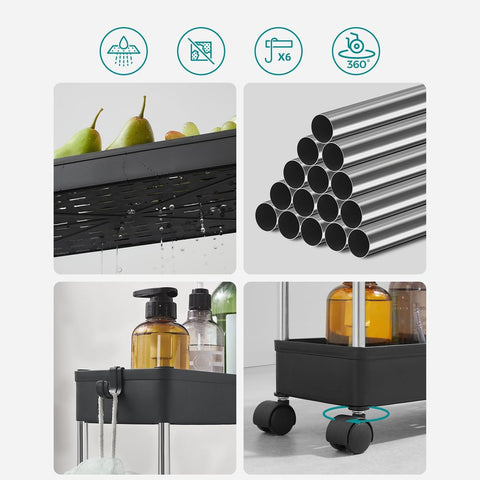Rootz Trolley - Slim 4-tier Trolley - Rolling Trolley - Utility Trolley For Storage - Kitchen Trolley - Industrial Trolley - Polypropylene - Metal Tubes - Black - 40 x 13.5 x 86 cm (L x W x H)