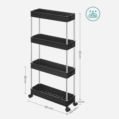 Rootz Trolley - Slim 4-tier Trolley - Rolling Trolley - Utility Trolley For Storage - Kitchen Trolley - Industrial Trolley - Polypropylene - Metal Tubes - Black - 40 x 13.5 x 86 cm (L x W x H)