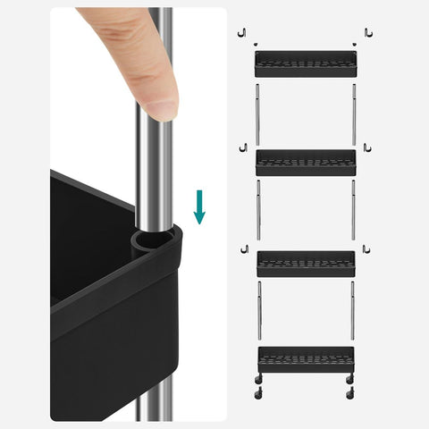 Rootz Trolley - Slim 4-tier Trolley - Rolling Trolley - Utility Trolley For Storage - Kitchen Trolley - Industrial Trolley - Polypropylene - Metal Tubes - Black - 40 x 13.5 x 86 cm (L x W x H)