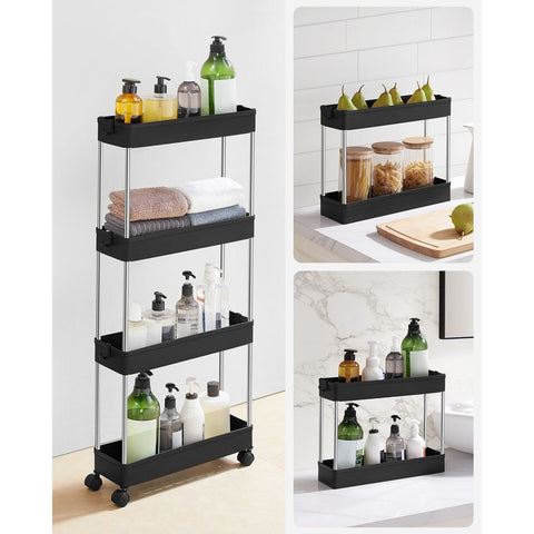 Rootz Trolley - Slim 4-tier Trolley - Rolling Trolley - Utility Trolley For Storage - Kitchen Trolley - Industrial Trolley - Polypropylene - Metal Tubes - Black - 40 x 13.5 x 86 cm (L x W x H)