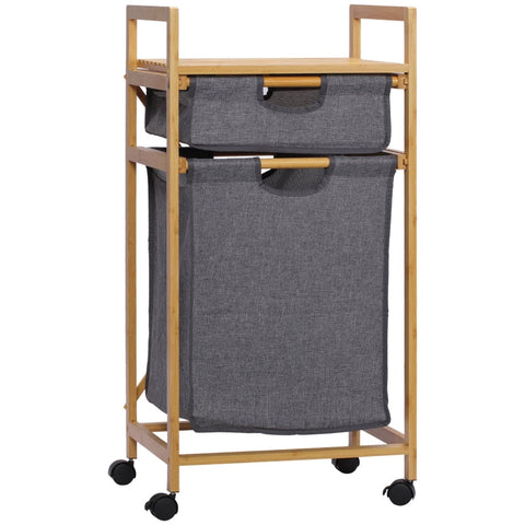 Rootz Laundry Basket - 1 Drawer - 1 Detachable Laundry Basket - 4 Wheels - Bamboo - Natural + Grey - 42cm x 35cm x 84.5cm