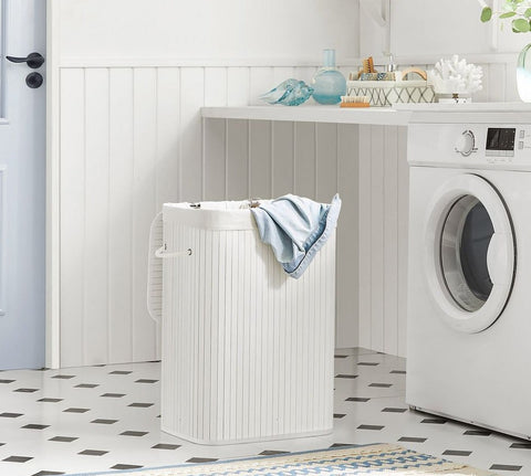 Rootz Wasmand - Bamboe Wasmand - Kledingmand - Wasopberger - Inklapbare Wasmand - Rieten Wasmand - Wit - 40 x 30 x 60 cm