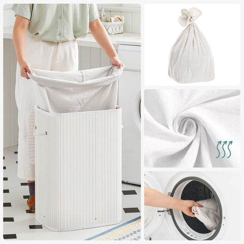 Rootz Wasmand - Bamboe Wasmand - Kledingmand - Wasopberger - Inklapbare Wasmand - Rieten Wasmand - Wit - 40 x 30 x 60 cm
