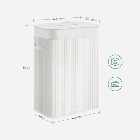 Rootz Wasmand - Bamboe Wasmand - Kledingmand - Wasopberger - Inklapbare Wasmand - Rieten Wasmand - Wit - 40 x 30 x 60 cm